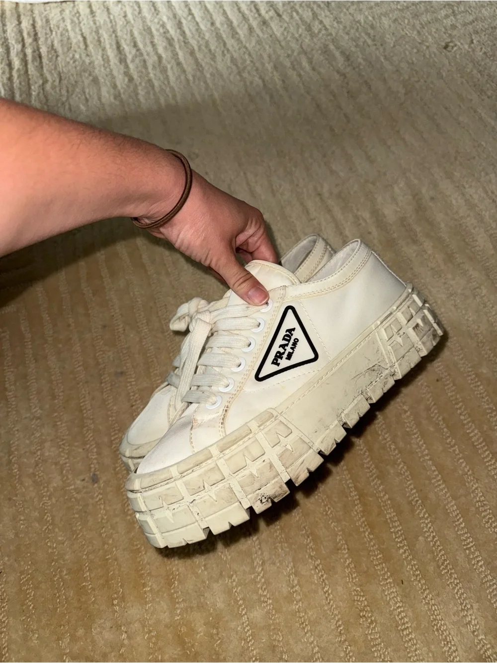 Prada White Platform Lace-Up Sneakers